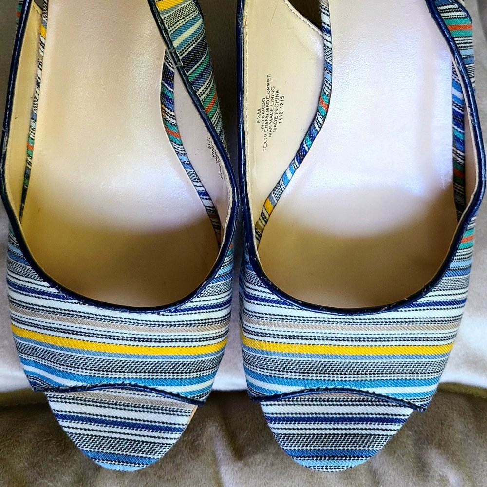 Striped linen and leather sling back shoes.
